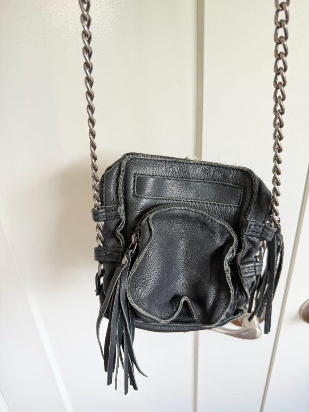 Cut N Paste Black Leather Fringe Chain Crossbody Bag